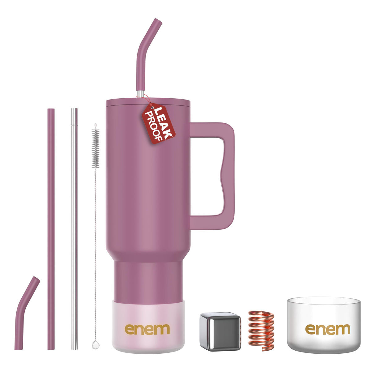 enem Tumbler, Rose Dusk, Tumbler with Metal Straw, Sipper, with Lid Leak Proof, 1 Metal Ice Cube, 1 Copper Spring (Tamba), Base Protector (Black/White), Mug Travel, 1.2L