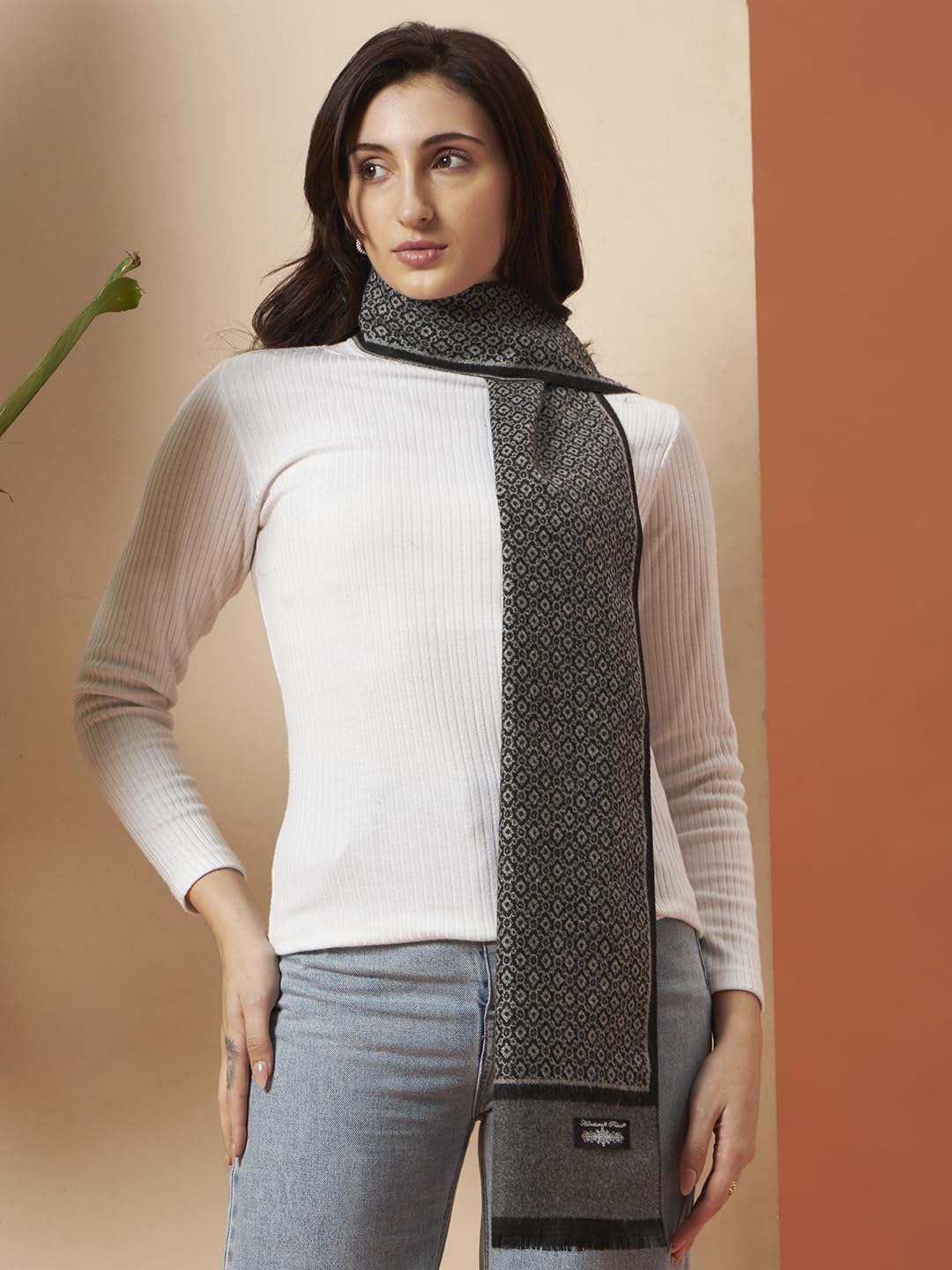 Ravaiyaa - Attitude is everything Women Woolen Ikat Design Casual Warm Winter Wear Muffler Scarf Stole 72x14 Inch (Grey & Black Abstract)