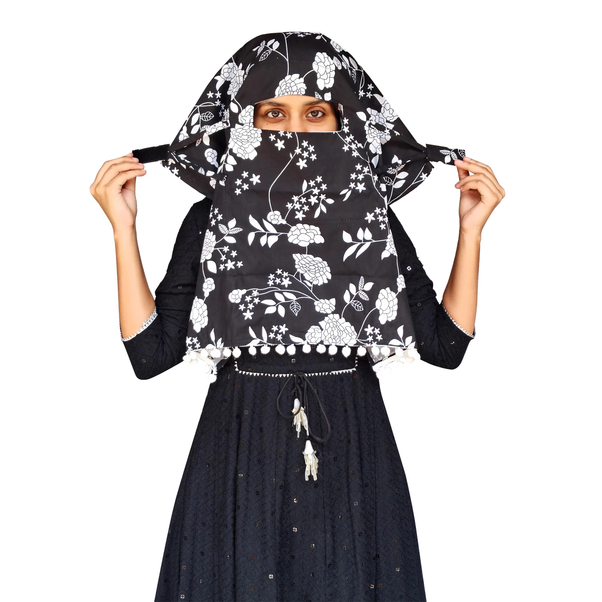 Switchon Scarf Hijab Rayon Printed fancy scarf for women Size Adjustable -Hook loop tape (Black_White)