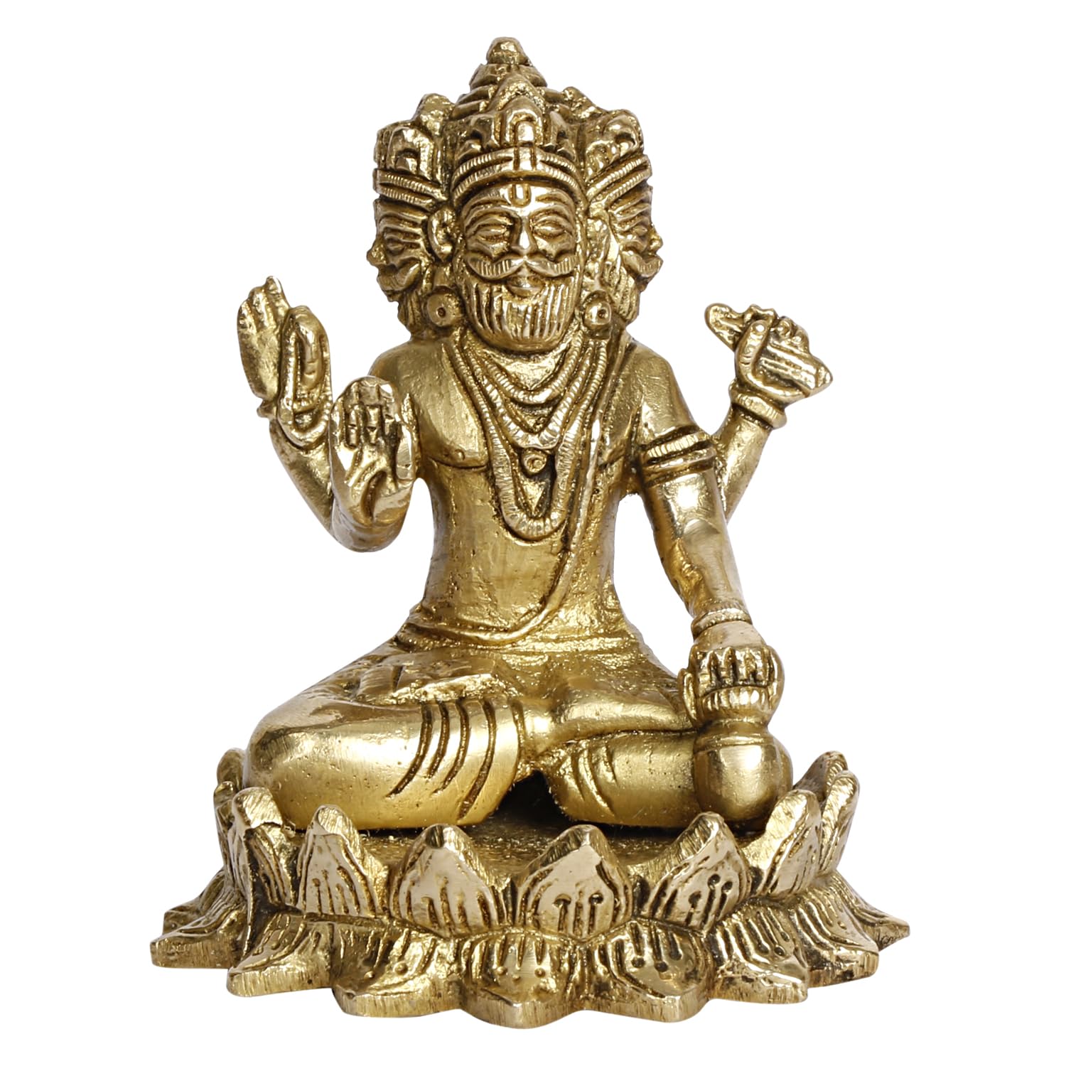 ARTVARKO Brass Brahma The Creator in Trimurti Idol Sitting on Lotus Murti Gold Color, Height 4 Inch.
