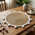 Recho Decorative Pompom Jute Placemat, White, Round, 14 inch Kafalo