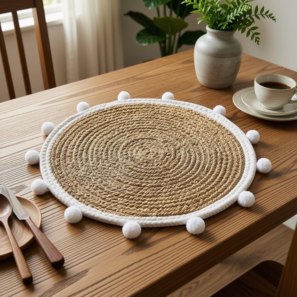 Recho Decorative Pompom Jute Placemat, White, Round, 14 inch Kafalo