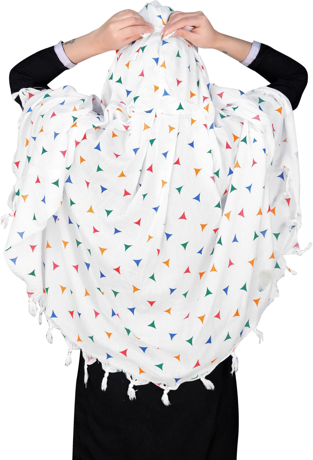Sclout Soft Cotton Breathable Sun Protection Scarf Dupatta Usable for vehicle Driver | White Printed Design Stoles | Universal Size | For Girl & Women | Light Weight (Scarf - Triangle)