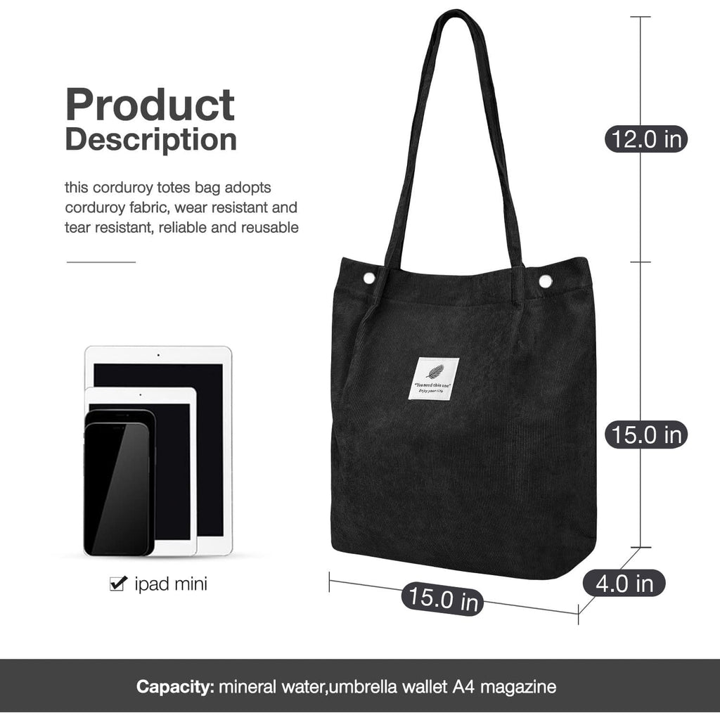 Lyrovo Women Corduroy Shoulder Tote Bag for Work Beach Travel and Shopping Grocery (Black)