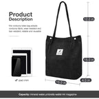 Lyrovo Women Corduroy Shoulder Tote Bag for Work Beach Travel and Shopping Grocery (Black)