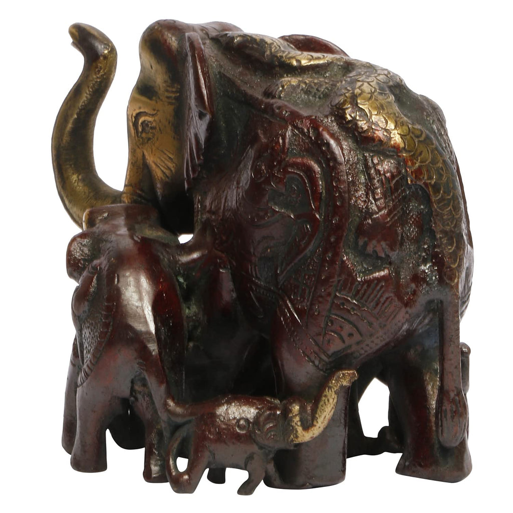 ARTVARKO Brass Elephant Family Baby Haathi Statue Idol Kalash Shankh Carving Vaastu Hathi for Good Luck Success Prosperity Home Décor Marriage Gift (Cherry Gold 5 Inch)