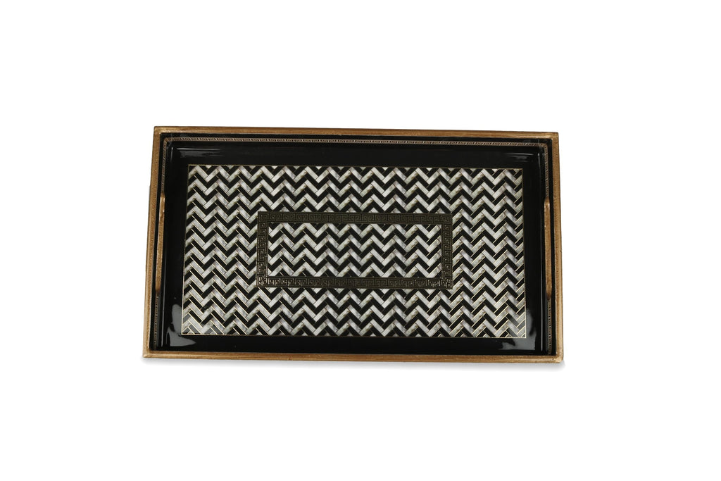 Classic Chevron Decorative Wooden Tray – Gold Engraved, Enamel Coated, Waterproof Rectangular Serving Tray for Coffee Table, Dining Room, Kitchen, Parties & Home Decor (Classic Chevron Small)