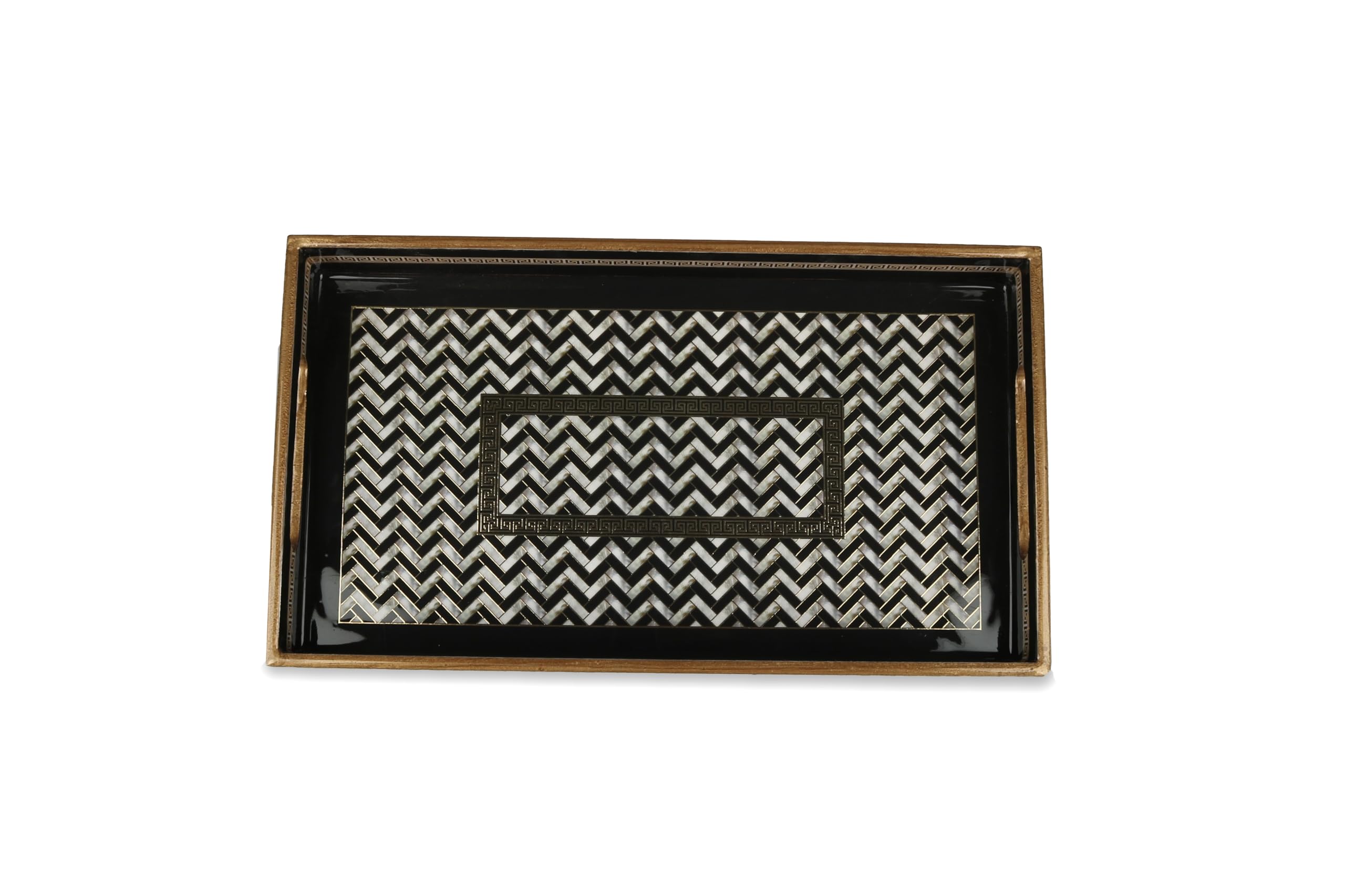 Classic Chevron Decorative Wooden Tray – Gold Engraved, Enamel Coated, Waterproof Rectangular Serving Tray for Coffee Table, Dining Room, Kitchen, Parties & Home Decor (Classic Chevron Small)