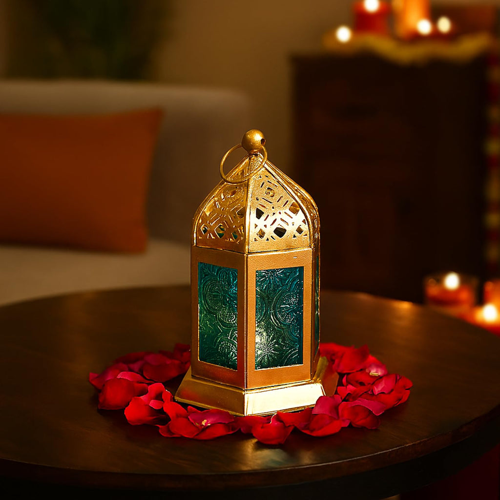 MARKET 99 Moroccan Lantern Candle Holder | Metal & Glass Tealight Lantern | Golden & Blue Decorative Lamp | Home Décor for Living Room, Table & Dinner Setup | (Use LED T-Light only)