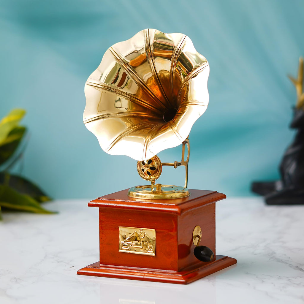 JaipurCrafts Premium Sparkle Square Gramophone Showpiece - 23 cm (Brass, Brown, Gold) (Brown, Gold)