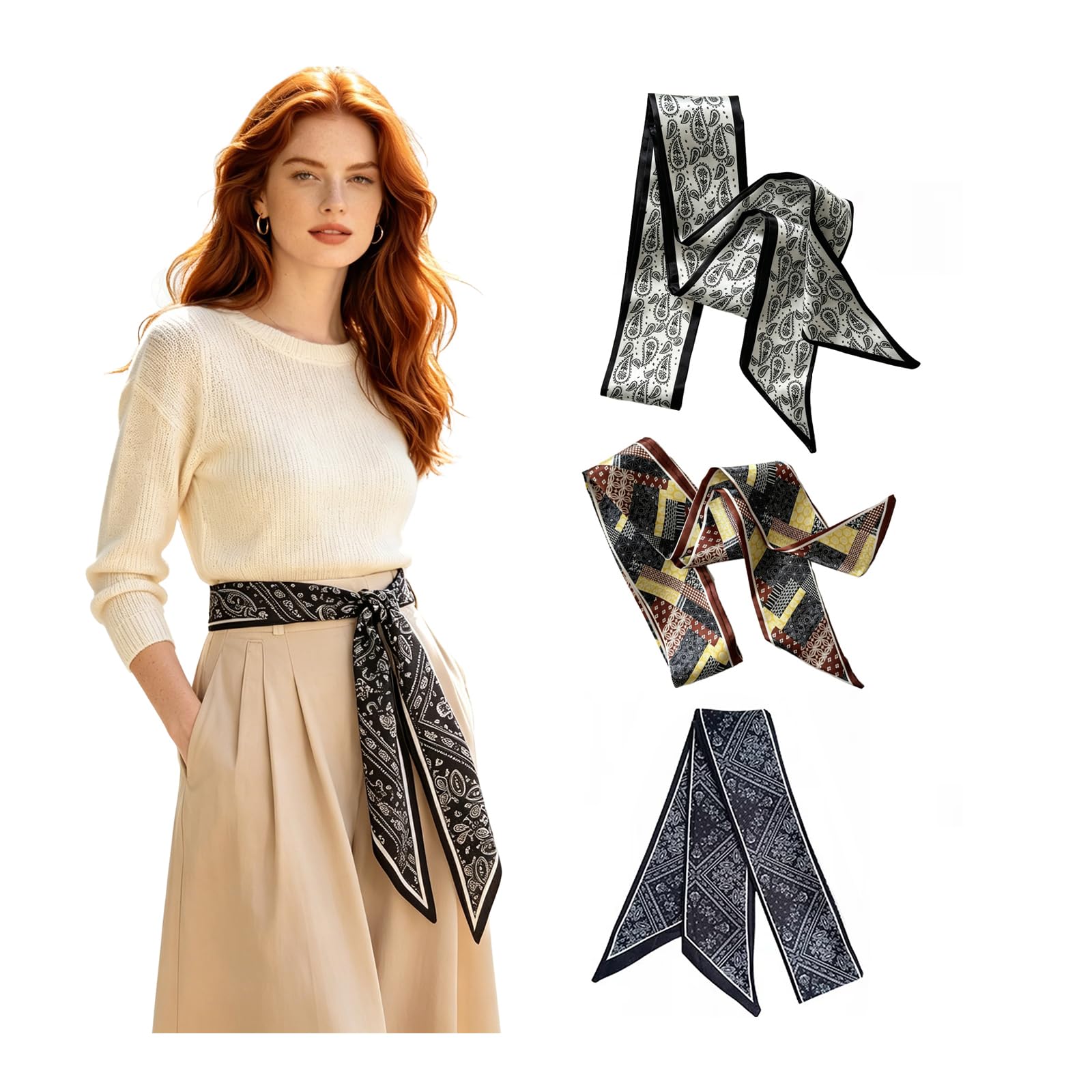 Qleema 3Pcs Satin Scarf for Women Stylish, Hair Scarf or Belt for Jeans