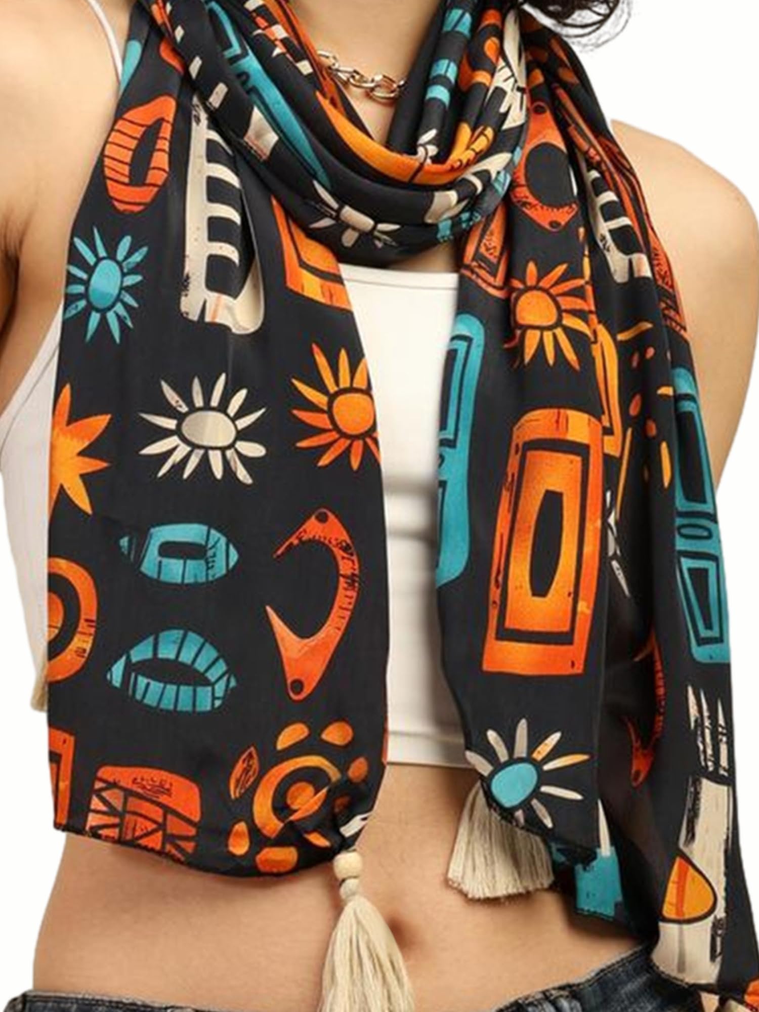 KE KANHA EXPORTS Scarf for Women Boho | Border Print Stylish | Stole for Women Breathable Summer Beach Wrap with Tassels | Multicolour |180 x 50 cm FREE Scrunchie Included