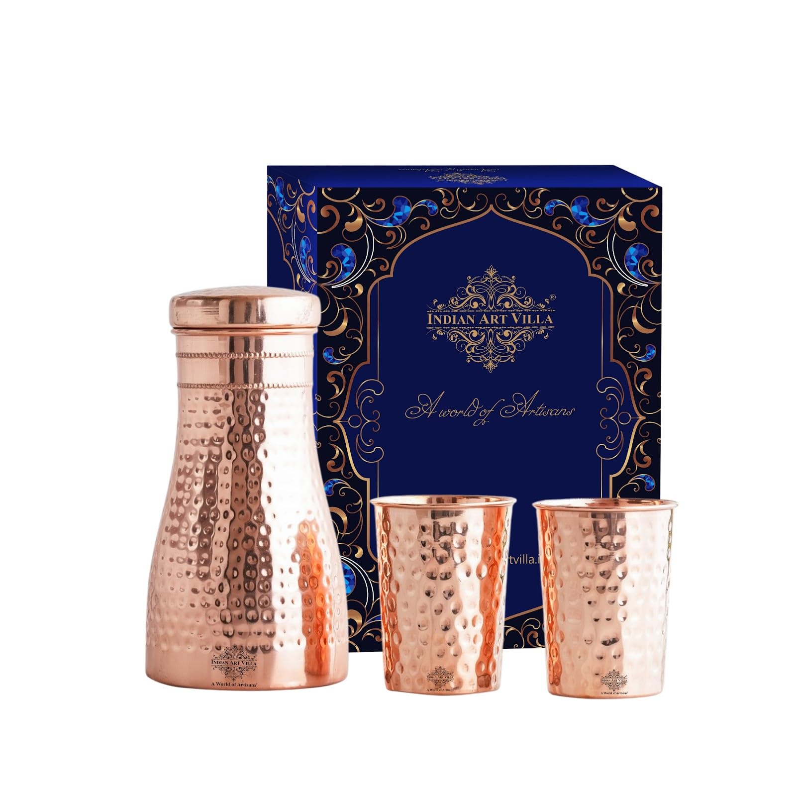 INDIAN ART VILLA Pure Copper Drinkware Gift Set – Hammered Design, Bedroom Bottle (900 ML) & 2 Glasses (275 ML) Set, Tableware, Perfect for Daily Use, Home, Office and Special Occasion Gifting