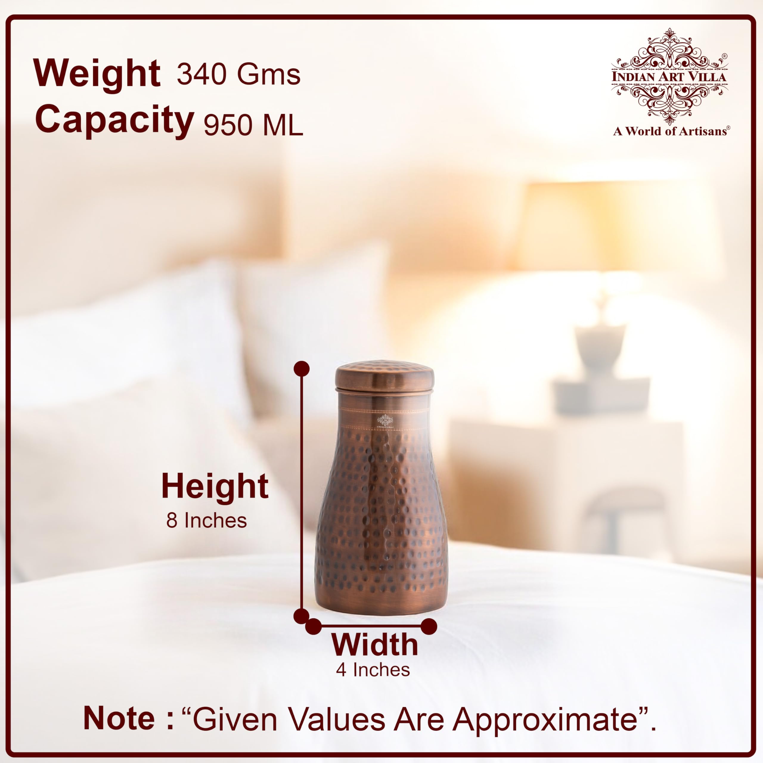INDIAN ART VILLA Pure Copper Bedroom Water Bottle with Inbuilt Glass, Hammered Antique Design - Drinkware & Storage Purpose, Volume 950 ml (Pack of 1)