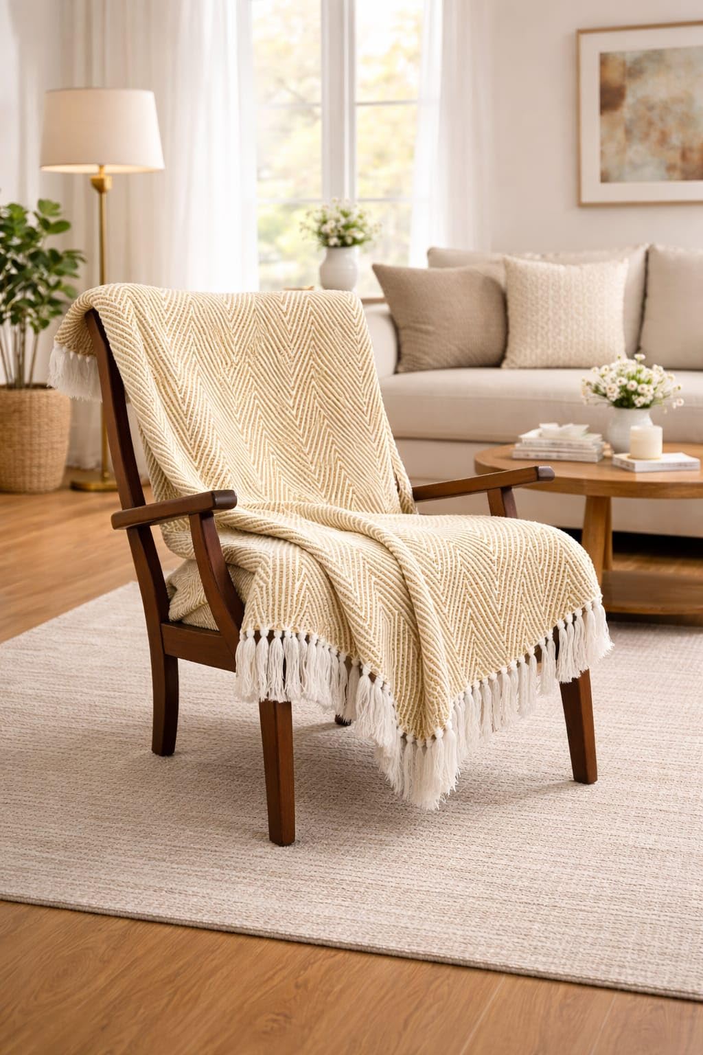 Tarantaran Home Hand-Knitted Cotton Sofa Throw | All-Season Throw Blanket for Sofa, Bed, Couch, Chair & Travel | 80×52 Inches (204×132 cm) (Yellow) Kafalo