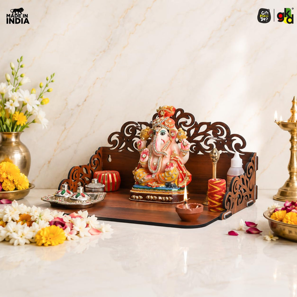 Gift Kya De Wooden Pooja Mandir for Home Wall | Small Temple for Office & Room | Indian Wooden Temple for Table or Shelf | Compact DIY Mandir | 12x9x6 Inch | Classic Design