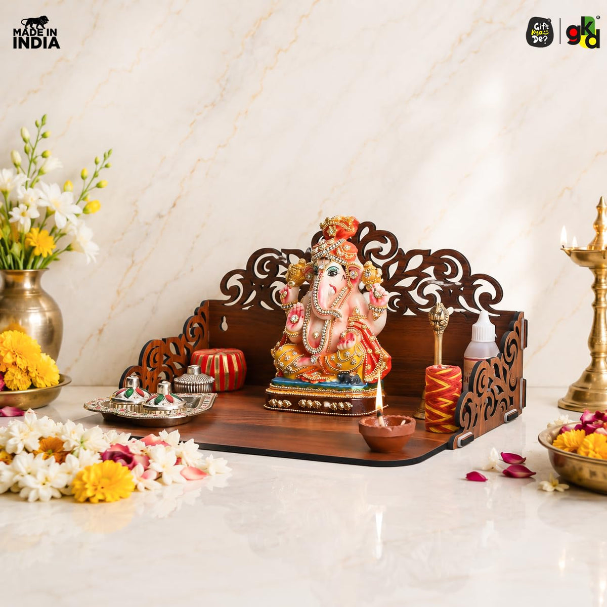 Gift Kya De Wooden Pooja Mandir for Home Wall | Small Temple for Office & Room | Indian Wooden Temple for Table or Shelf | Compact DIY Mandir | 12x9x6 Inch | Classic Design