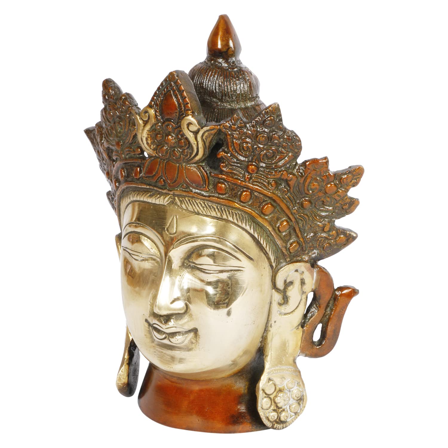 ARTVARKO Brass Crown Buddha Head Tibetan Buddhist Deity Face for Home Décor Showpiece 7.5 Inches Height