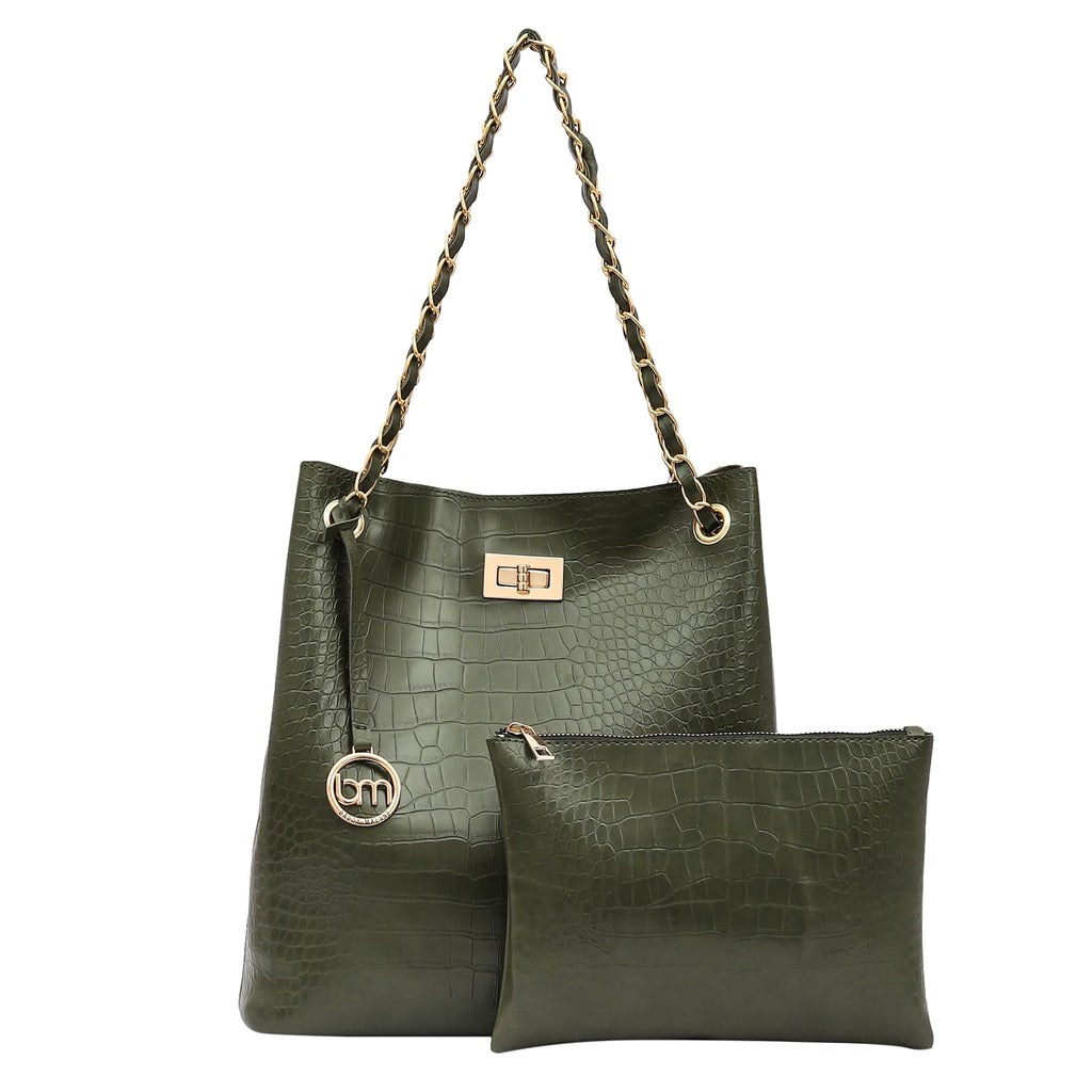 Bagsy Malone Bucket Shaped Tote Bag for Women -Set of 2 | Handcrafted Side Tote Bag and Handbag for Office and College (Croco Olive)