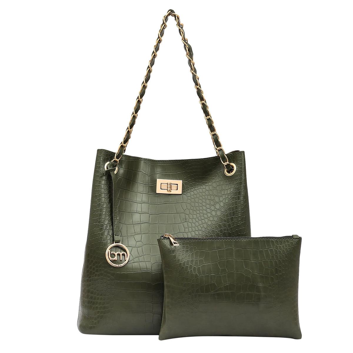 Bagsy Malone Bucket Shaped Tote Bag for Women -Set of 2 | Handcrafted Side Tote Bag and Handbag for Office and College (Croco Olive)