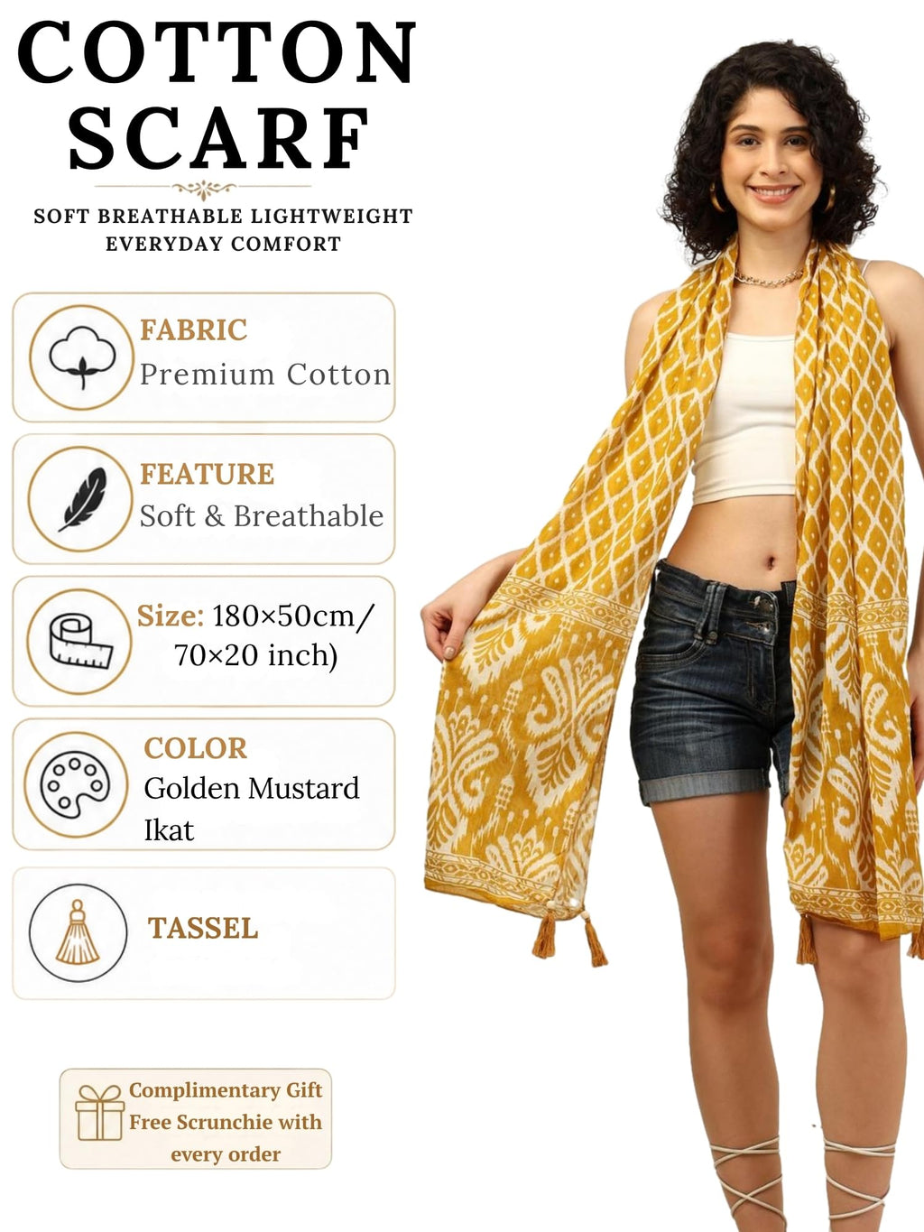 KE KANHA EXPORTS Scarf for Women Premium Cotton Boho | Dual Tone Border Print Stole with Tassels | Lightweight Summer Beach Wrap 180 x 50 cm (Golden Mustard Ikat)