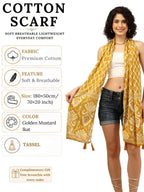 KE KANHA EXPORTS Scarf for Women Premium Cotton Boho | Dual Tone Border Print Stole with Tassels | Lightweight Summer Beach Wrap 180 x 50 cm (Golden Mustard Ikat)