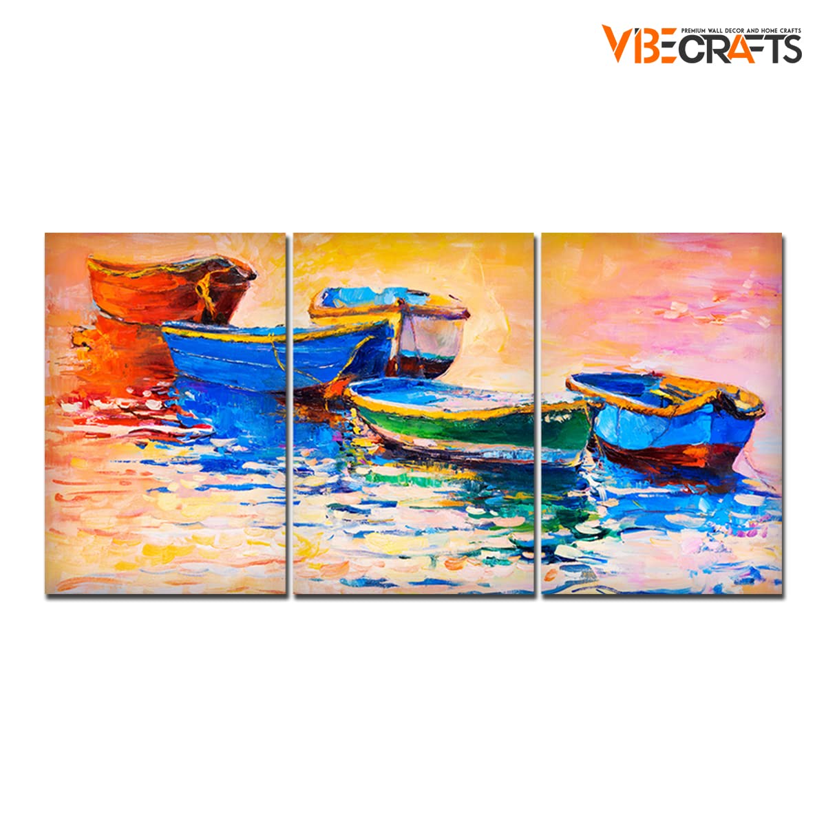 VIBECRAFTS 3 Pieces Boats In Sunset Canvas Wall Painting Fitted With Wooden Frame For Home | Office | Living Room | Gifts(PTVC3Pcs3_11502)
