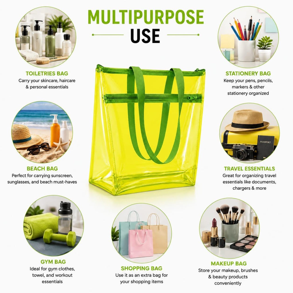 TERA 13 Transparent Tote Bag For Women & Girls, Clean PVC Shoulder Handbag, Waterproof Reusable Shopping Bag, Beach Bag, Travel Tote,Large Capacity Zipper Closure, Everyday Carry Bag (1 Pcs)