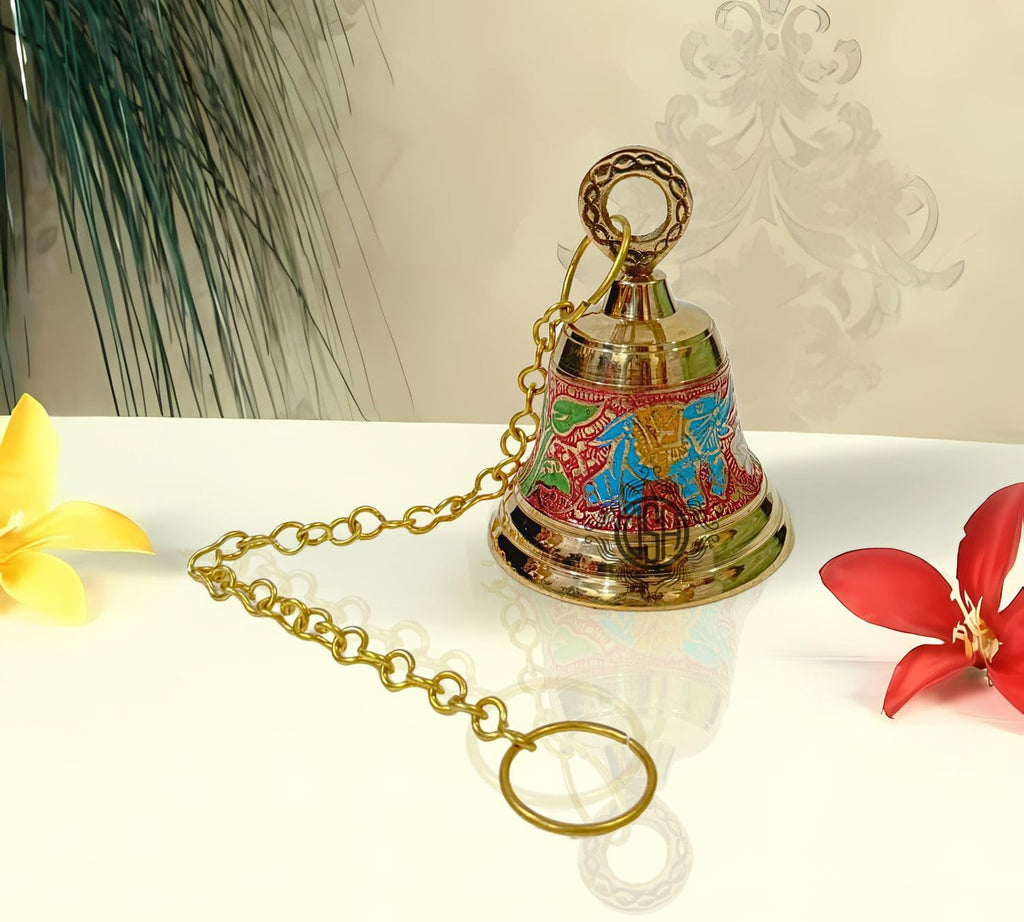 DSH Brass Hanging Bells for Puja Room Decoration Items Hanging Bell for Mandir Temple Decor Ghanti for Mandir. (Red, H-4.5 Inch)