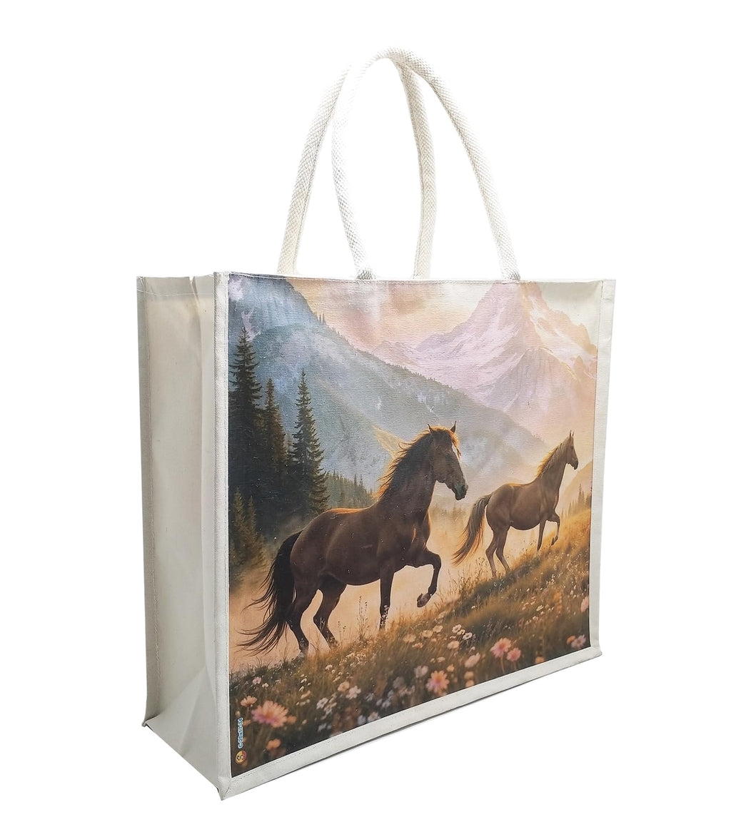 Sangra Large Cotton Canvas Reusable Bags for Travel, Grocery Shopping Bag, Multi-Purpose Bag, Sturdy Handle With Zipper Lock (20 inch X17 inch X7 Inch) (2 horses)