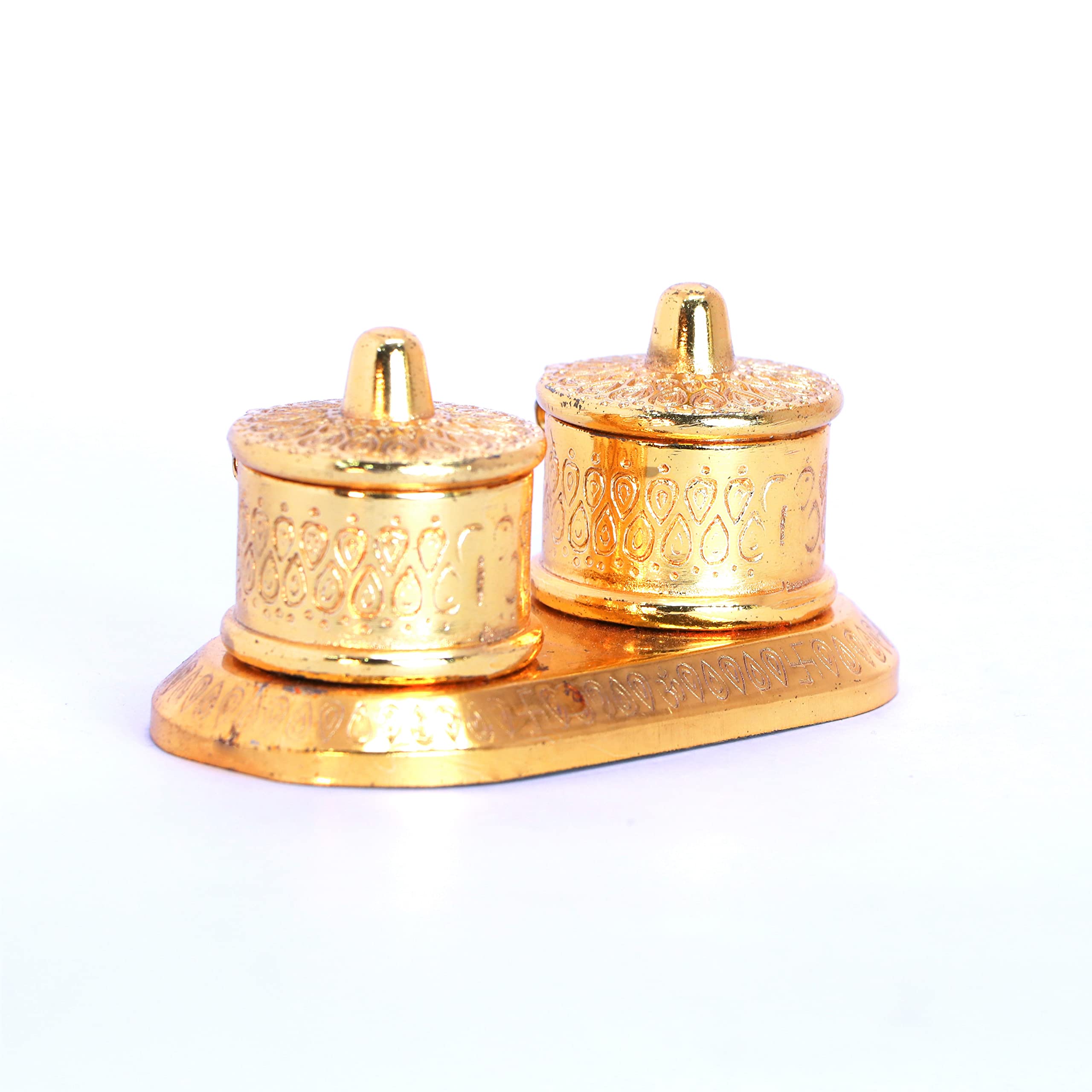 Prince Home Decor & Gifts Metal Golden Finish Chandan Roli Box Double Kumkum Dani Pooja Purpose