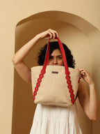 ENSAC Women’s Beige Tote Bag with Red Handles, Stylish Canvas Shoulder Bag for Office, College, Shopping & Travel | Large Capacity Everyday Handbag