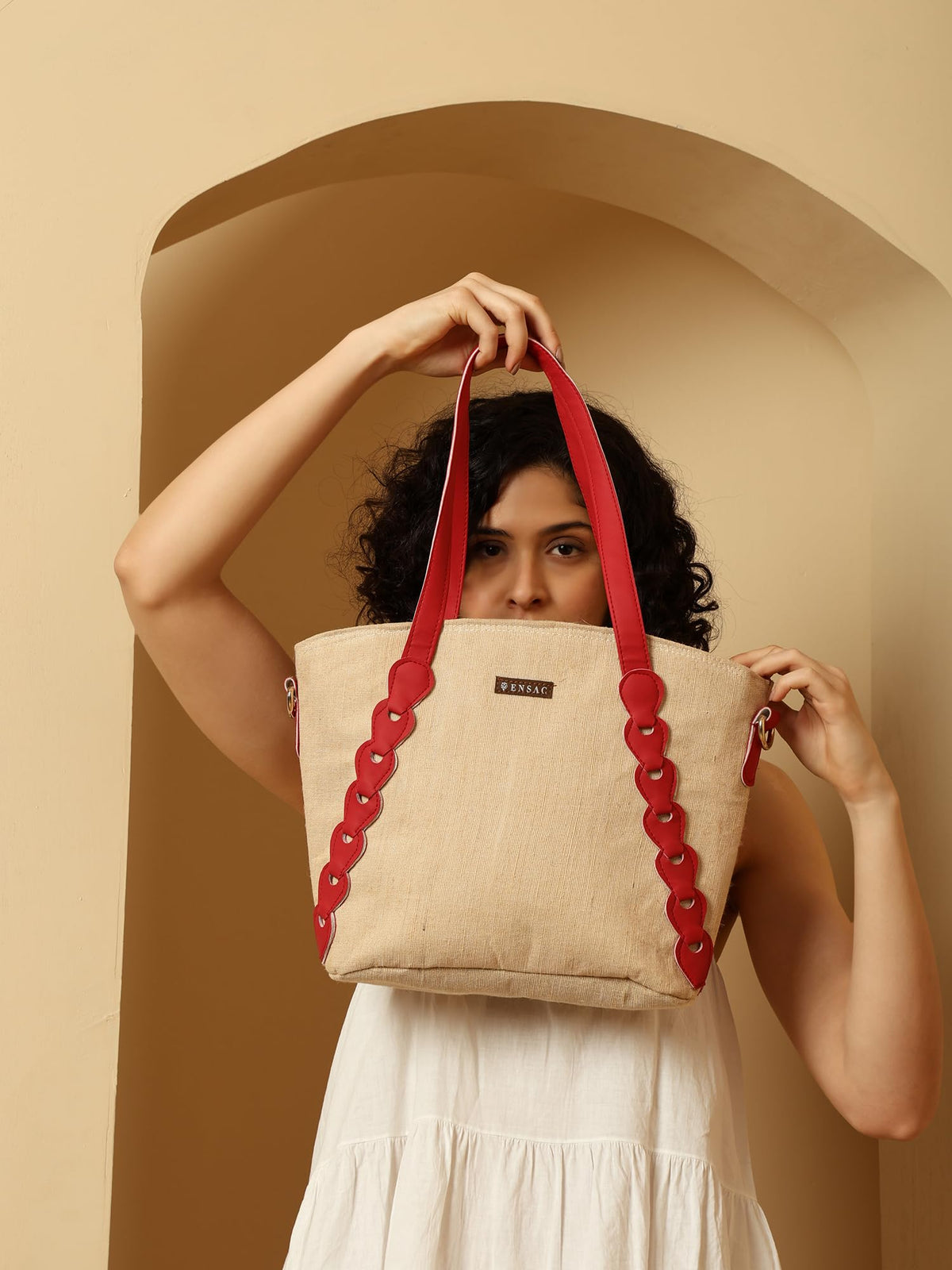 ENSAC Women’s Beige Tote Bag with Red Handles, Stylish Canvas Shoulder Bag for Office, College, Shopping & Travel | Large Capacity Everyday Handbag