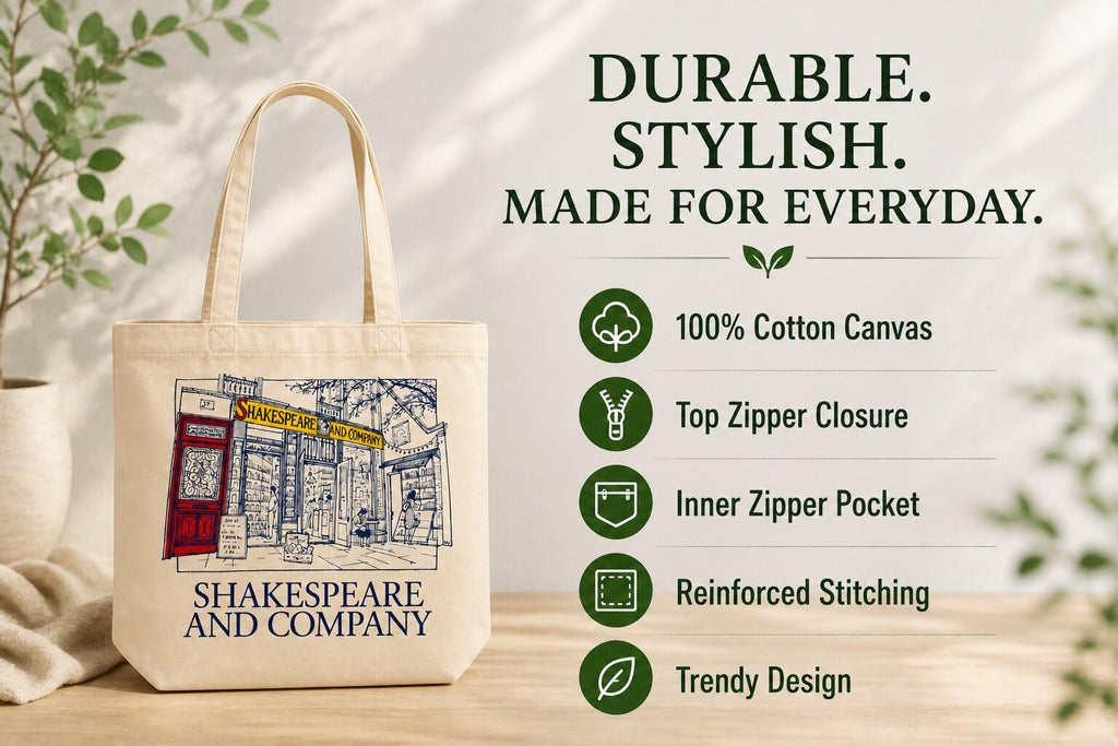 ECOEK Stylish Canvas Tote Bag for Women, Reusable Trendy Zipper Handbag with Pocket, Lightweight Aesthetic Cotton Tote for College, Office, Travel & Daily Use-Shakespeare White
