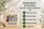 ECOEK Stylish Canvas Tote Bag for Women, Reusable Trendy Zipper Handbag with Pocket, Lightweight Aesthetic Cotton Tote for College, Office, Travel & Daily Use-Shakespeare White