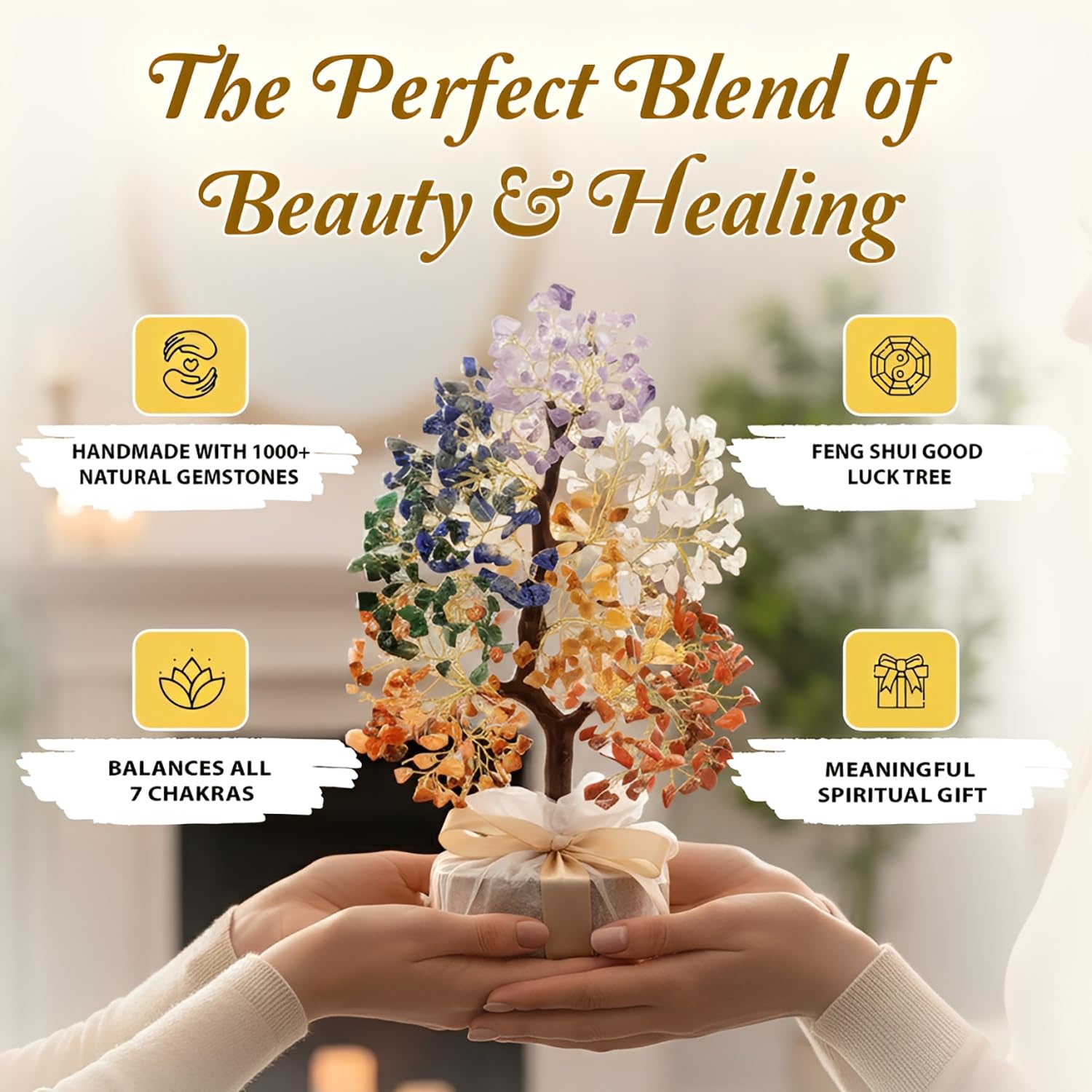 JD FRESH 1000 Beads Crystal Tree/7 Chakra Crystal Tree/Showpiece Good Luck and Positive Energy/Showpiece for Living Room/Natural Healing Gemstones Money Tree/Lucky Tree for Good Luck (Multicolor)