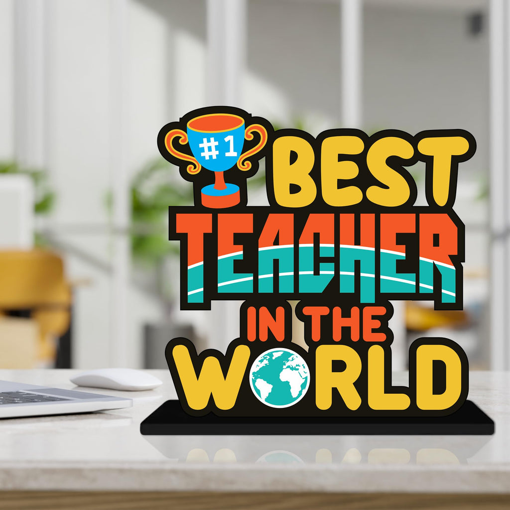 Artvibes Best Teacher in the World Quotes Table Decor for Office Desk | Home Decoration Items | Living Room | Modern Art Wooden Showpiece Decorative Gift item (SP_1188)
