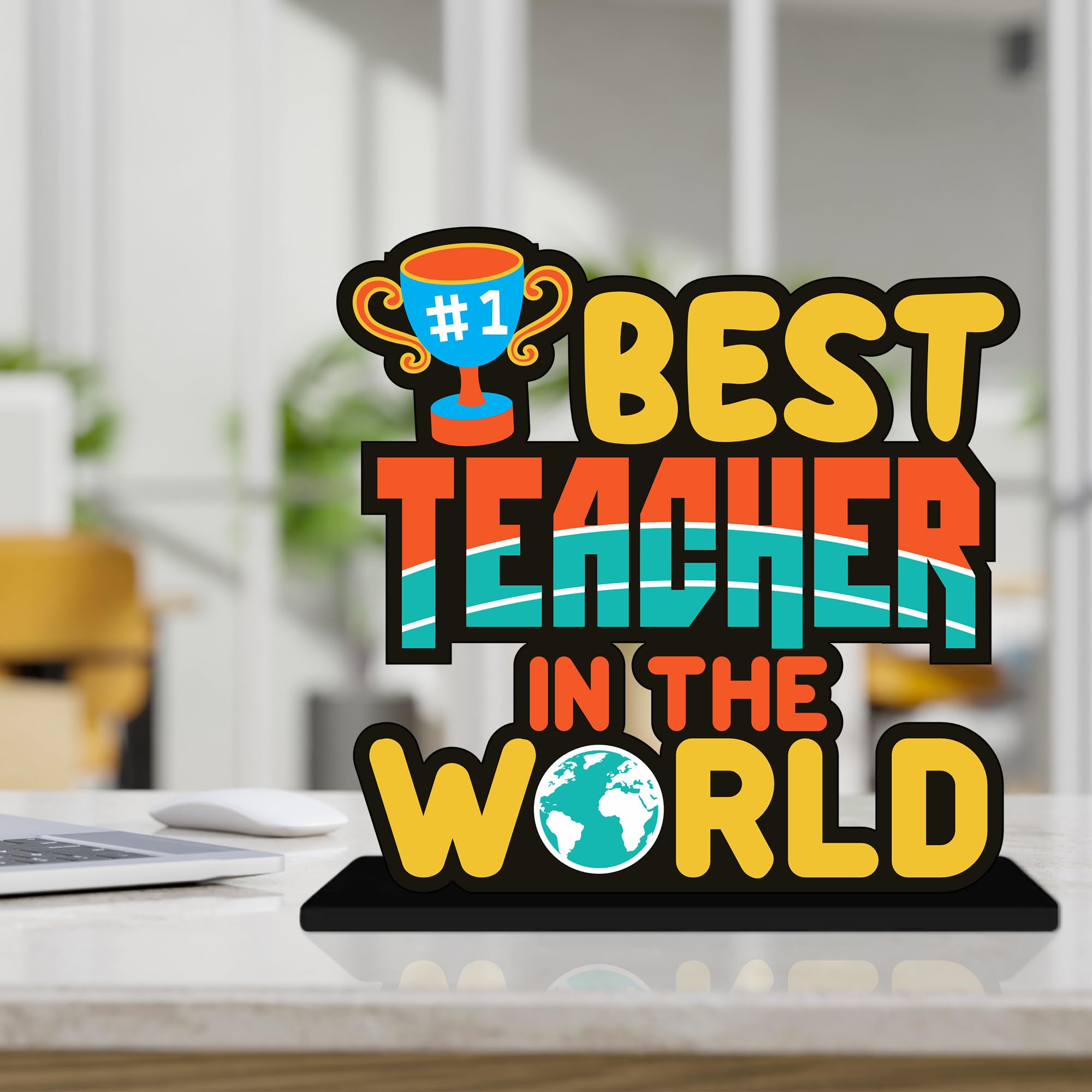 Artvibes Best Teacher in the World Quotes Table Decor for Office Desk | Home Decoration Items | Living Room | Modern Art Wooden Showpiece Decorative Gift item (SP_1188)
