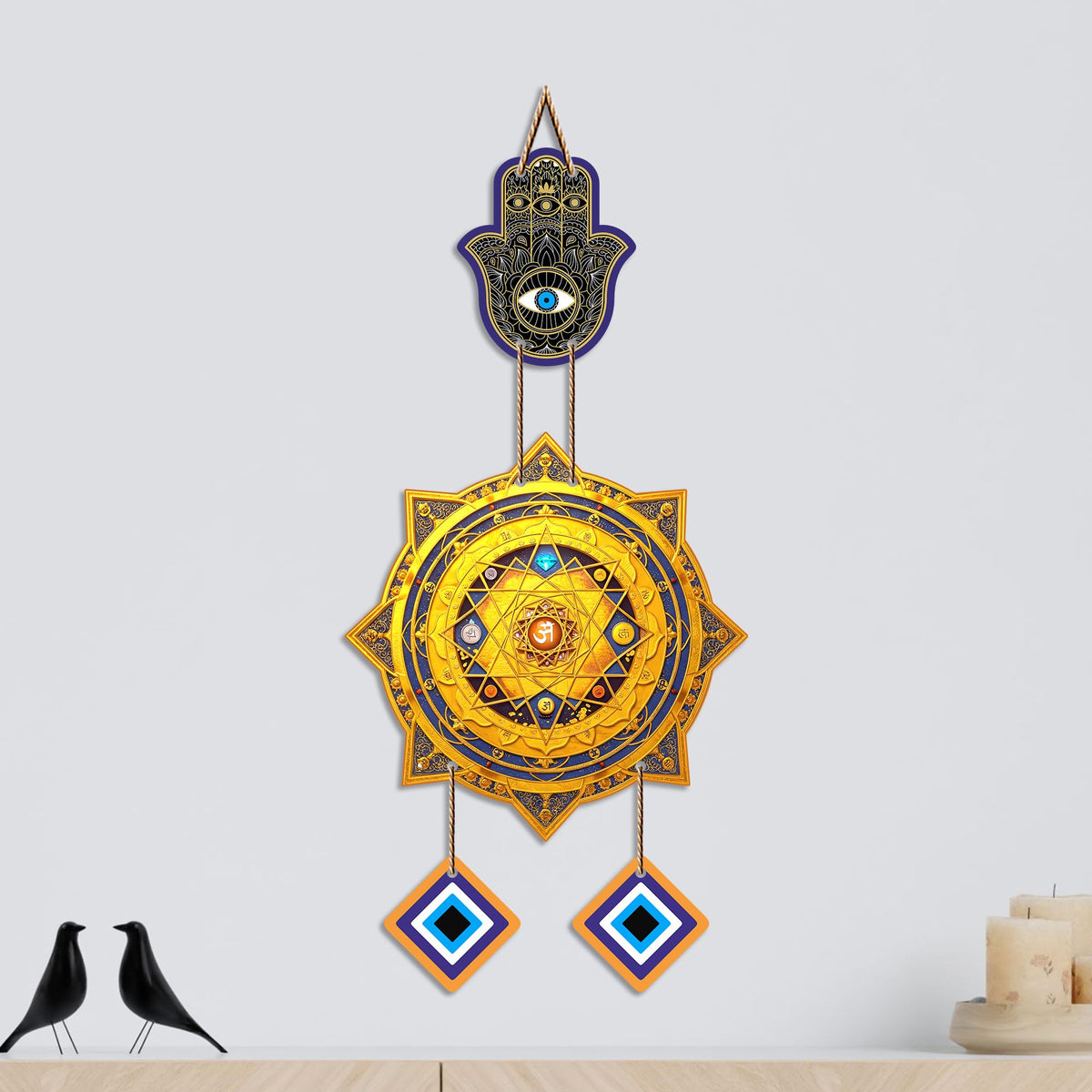 Artvibes Hamsa Hand with Sacred Yantra Evil Eye Wall Hanging | Protective Nazar Battu Decor for Main Door Entrance | Positive Energy Spiritual Accent for Home and Office (WH_85138N)