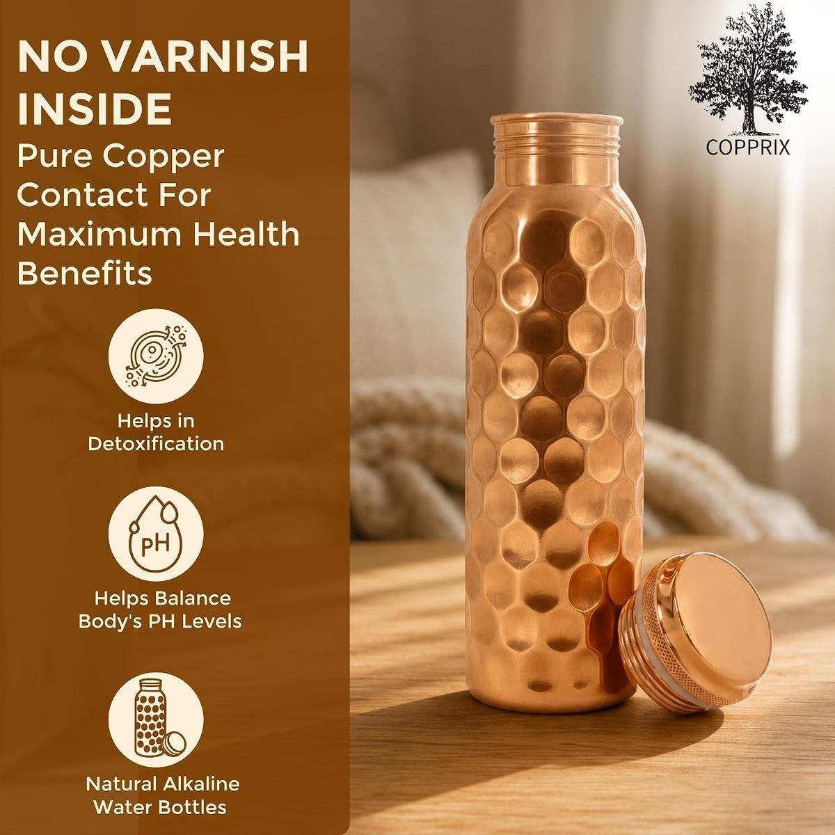 Copprix Copper Water Bottle 1 Ltr | Copper Bottle for Men & Women | 100% Pure Copper | BPA Free & Leak Proof | Easy to Carry | Suitable for Yoga, School & Office | Best for Gifting (Diamond Hammered)