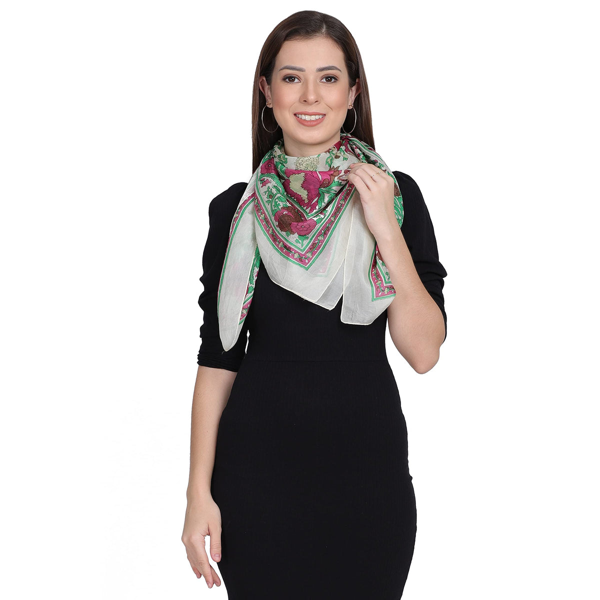 Cashmere Craft Pure Silk Green Floral Scarf Stole Dupatta/SS25