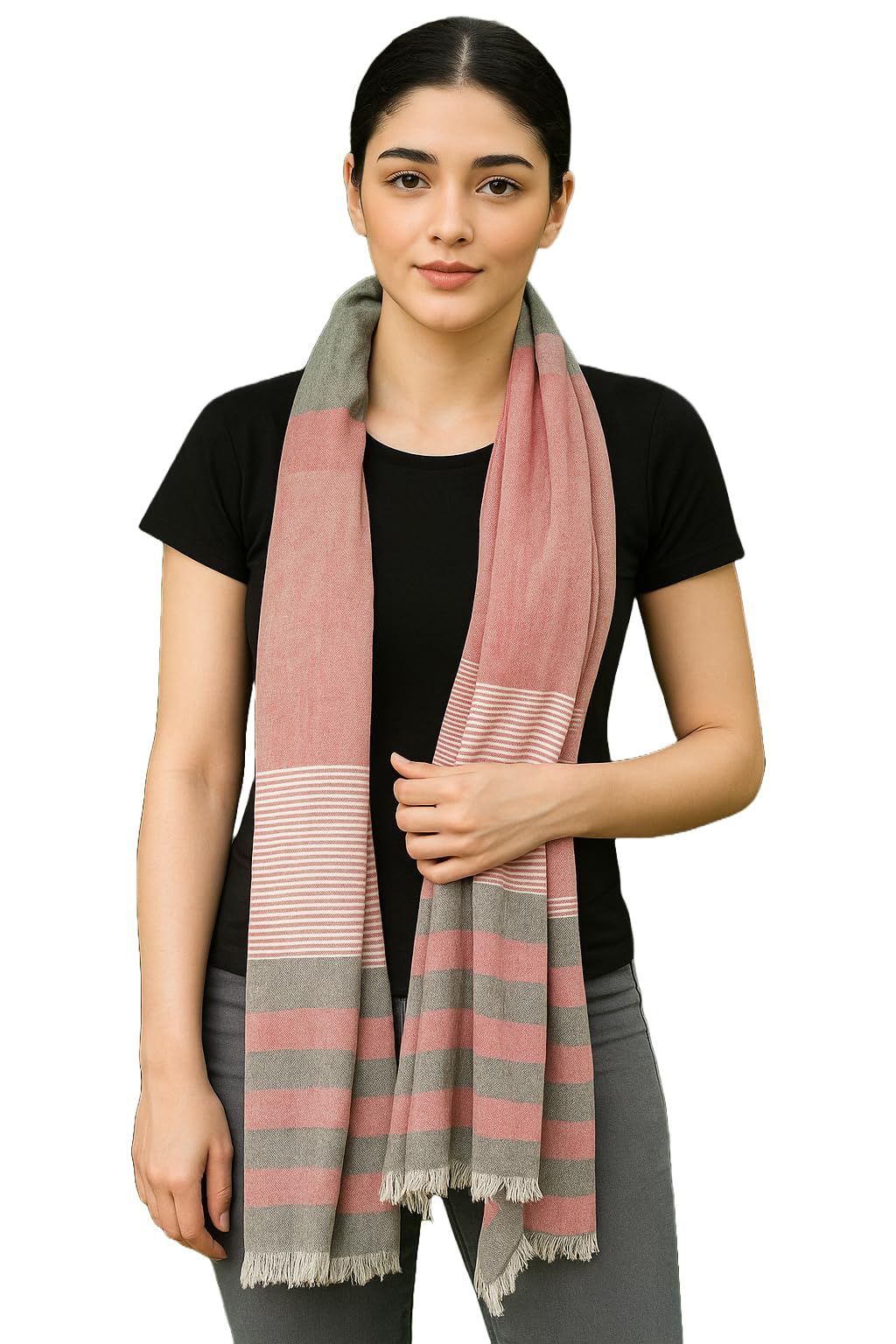 Flyer female Women's Stole/Scarf Colour- Pink & Grey Stylish 100% Soft Viscose Cotton Blend Ethnic Stripes Pattern Scarves Pack Of 1 St-13