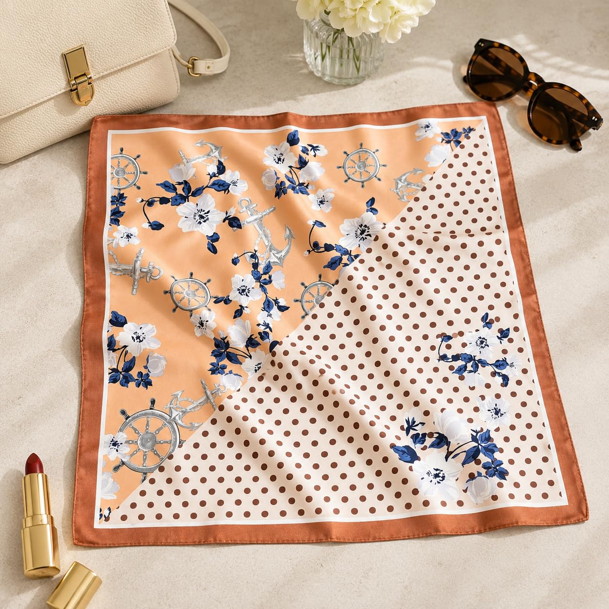 ESTA Satin silk-feel Head Scarf for Women Stylish Bandanas for Women Head Neck Stole Wrap flower Polka Print Square Bandana Gift (27.5x27.5inch)