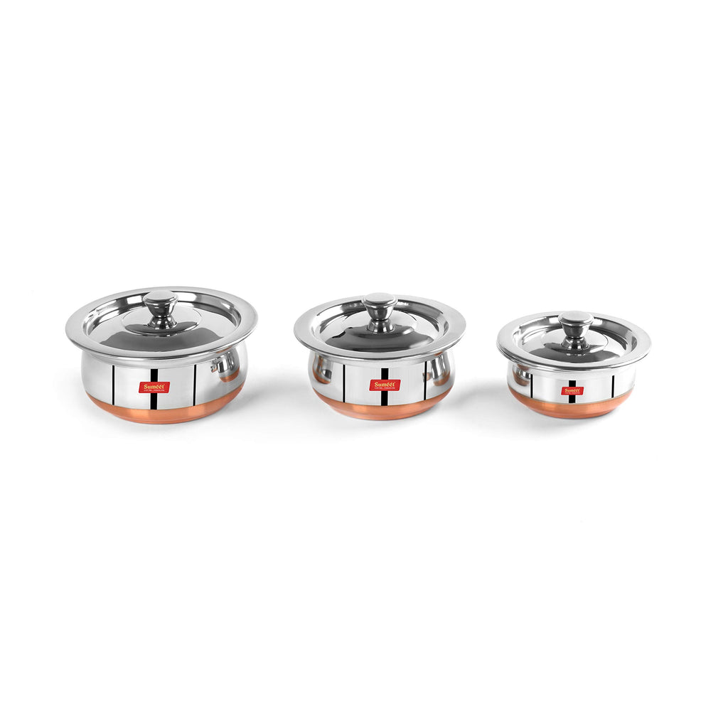 Sumeet Stainless Steel Copper Bottom 3 Pc Handi/Cookware/Serveware Pot Set with Lid 360ML, 500ML, 800ML, (Silver)