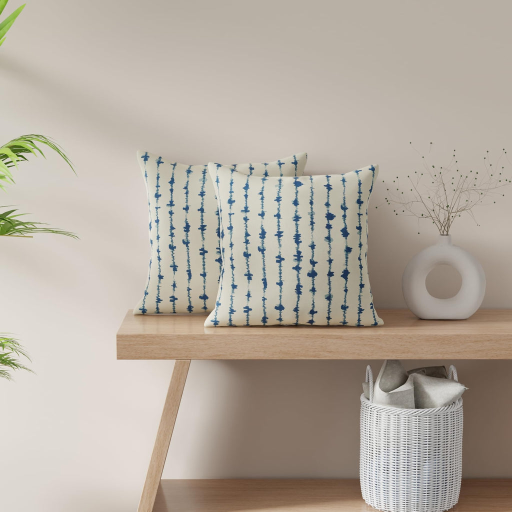 HUESLAND Premium Cotton Cushion Cover 16 x 16 inch Set of 2 | Decorative Throw Pillow Covers for Sofa, Living Room & Bedroom | Blue Vertical Stripes