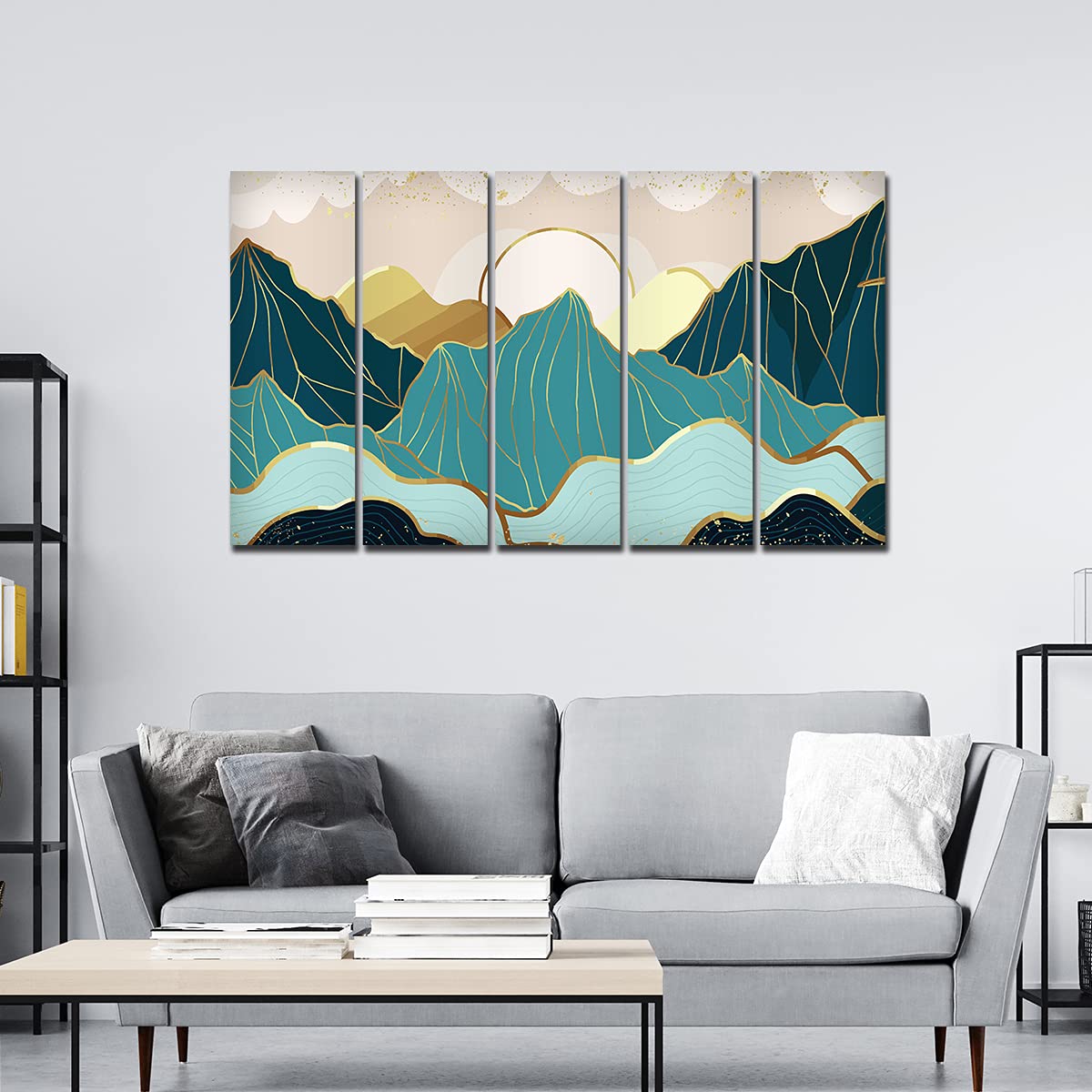 VIBECRAFTS Sunrise Abstract Mountains 5 Pieces Premium Wall Painting For Home|Office|Living Room|Gift (PTVC5Pcs4_8502N)