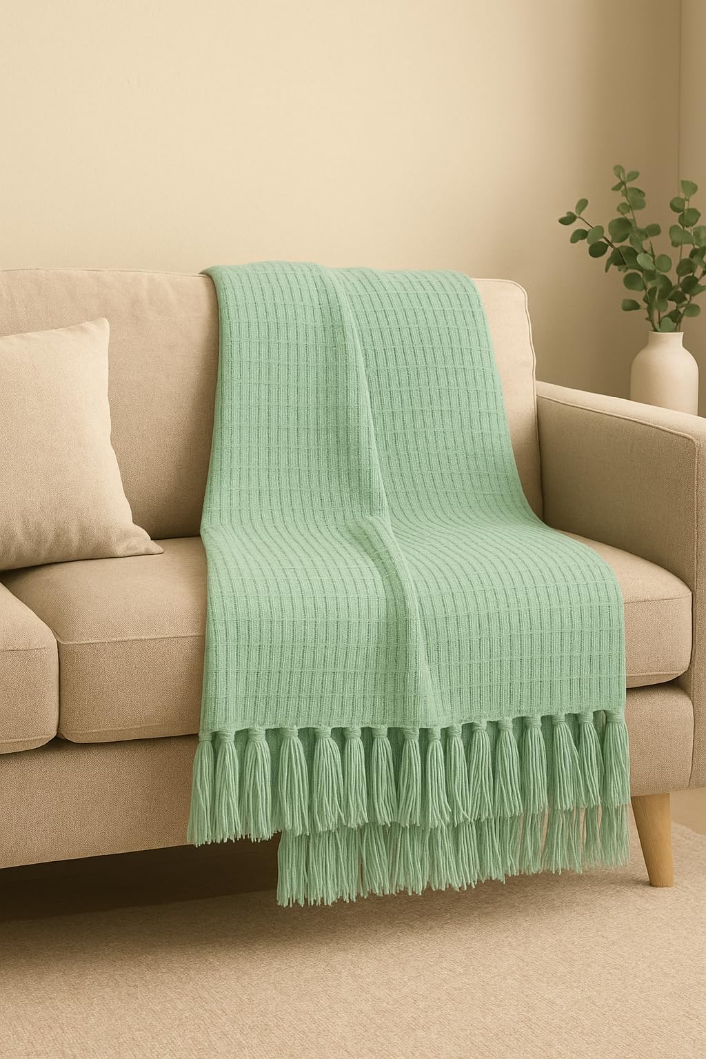 Wisdom Decor Waffle Knit Throw Blanket with Tassels for Sofa & Bed for All Seasons – Lightweight Decorative Cozy Blanket for Living Room & Bedroom (127x152 cm) (Pista) Kafalo