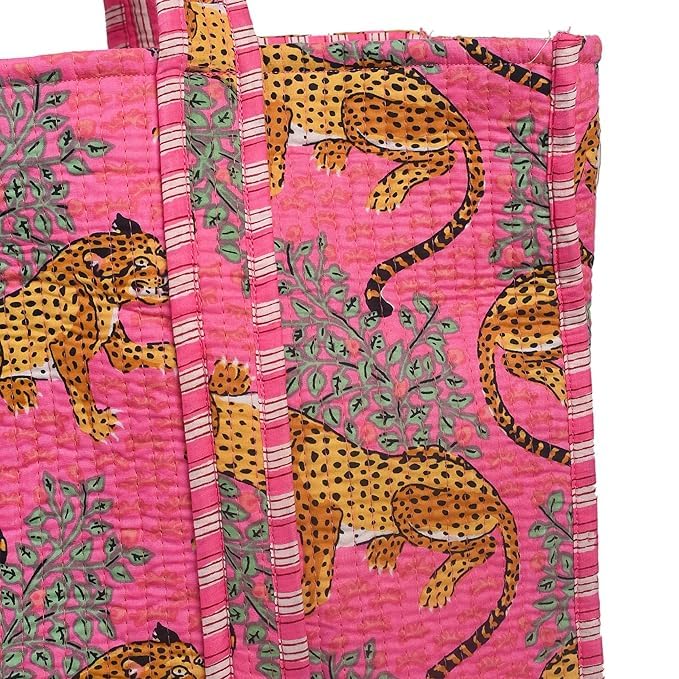 DecorAvenue Quilted Premium Cotton Printed Reversible Tote Bag Grocery Shopping Bag Travel Bags Carry Bag 18x15x5.5 Inch (Pink Tiger)