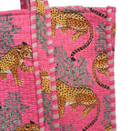 DecorAvenue Quilted Premium Cotton Printed Reversible Tote Bag Grocery Shopping Bag Travel Bags Carry Bag 18x15x5.5 Inch (Pink Tiger)