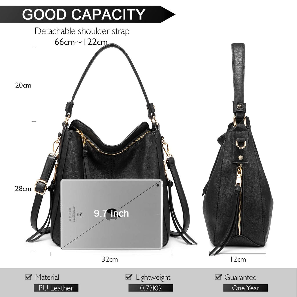Zibuyu® Tote Handbag for Women Fashion Faux Leather Tote Bag Classic Shoulder Crossbody Bags for Lady Girl Solid Color (Black)